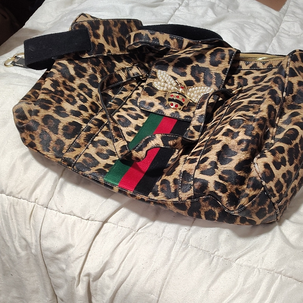 Leopard Print Tote Bag with Bee Accent